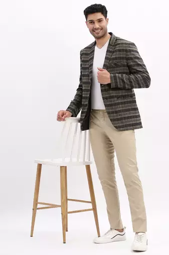 Men's Checked Notched Lapel Black Single Breasted Blazer