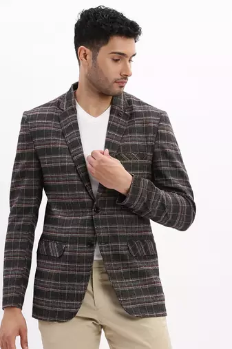 SHOWOFF Men's Checked Notched Lapel Grey Single Breasted Blazer