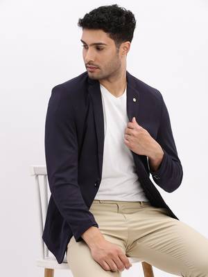 Men's Solid Notched Lapel Navy Blue Single Breasted Blazer 1
