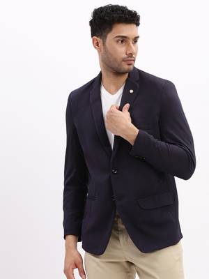 Men's Solid Notched Lapel Navy Blue Single Breasted Blazer 2