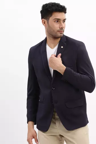 Men's Solid Notched Lapel Navy Blue Single Breasted Blazer