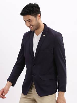Men's Solid Notched Lapel Navy Blue Single Breasted Blazer 3