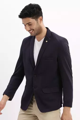 Men's Solid Notched Lapel Navy Blue Single Breasted Blazer