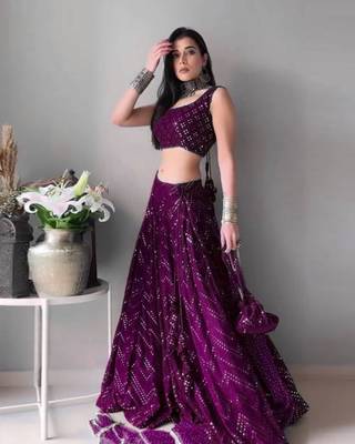 GLAMOROUS WOMEN'S WINE THREAD EMBROIDERED FAUX GEORGETTE FABRIC PARTY WEAR LEHENGA CHOLI 1