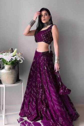 GLAMOROUS WOMEN'S WINE THREAD EMBROIDERED FAUX GEORGETTE FABRIC PARTY WEAR LEHENGA CHOLI