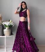 GLAMOROUS WOMEN'S WINE THREAD EMBROIDERED FAUX GEORGETTE FABRIC PARTY WEAR LEHENGA CHOLI