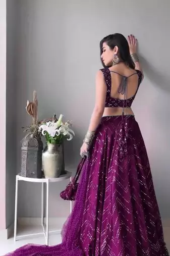 GLAMOROUS WOMEN'S WINE THREAD EMBROIDERED FAUX GEORGETTE FABRIC PARTY WEAR LEHENGA CHOLI