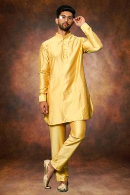 Men's art silk yellow short kurta pajama set 1