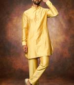 Men's art silk yellow short kurta pajama set