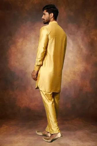 Men's art silk yellow short kurta pajama set
