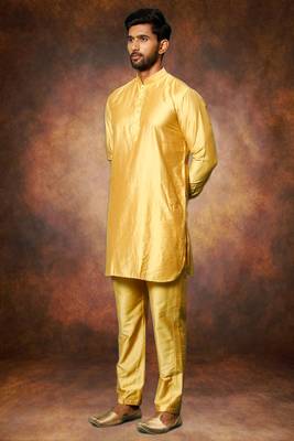 Men's art silk yellow short kurta pajama set 3