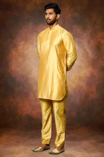 Men's art silk yellow short kurta pajama set