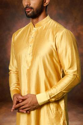 Men's art silk yellow short kurta pajama set 4