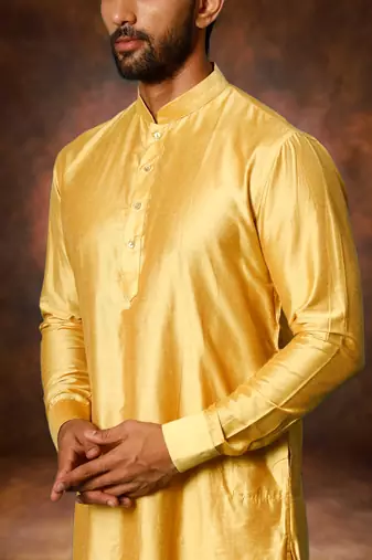 Men's art silk yellow short kurta pajama set