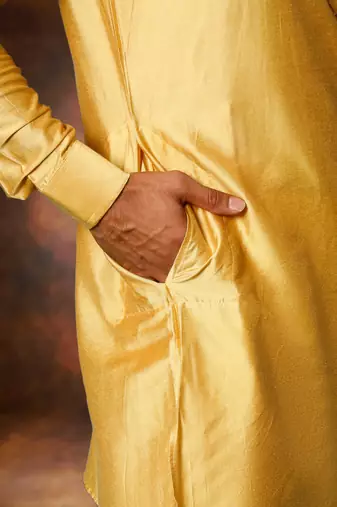 Men's art silk yellow short kurta pajama set
