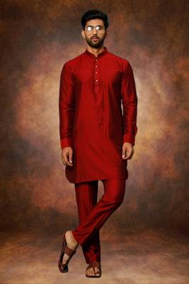 Men's art silk maroon short kurta pajama set 1