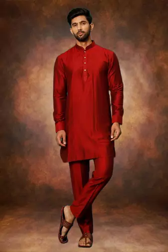 Men's art silk maroon short kurta pajama set