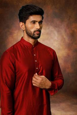 Men's art silk maroon short kurta pajama set 3