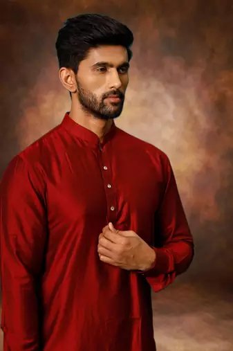 Men's art silk maroon short kurta pajama set
