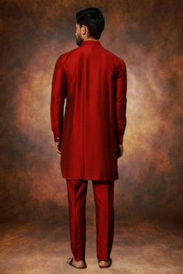 Men's art silk maroon short kurta pajama set 4