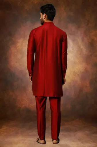 Men's art silk maroon short kurta pajama set
