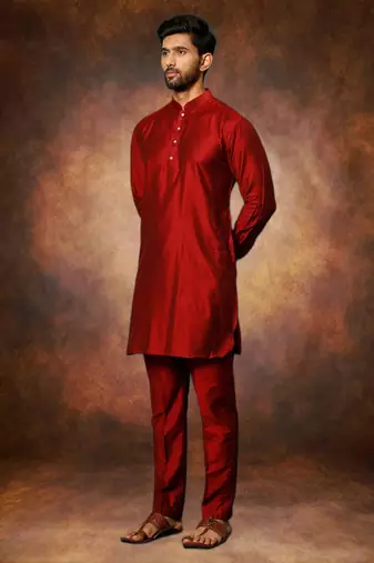 Men's art silk maroon short kurta pajama set