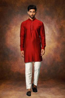 Men's art silk maroon short kurta pajama set 1