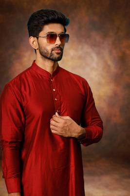 Men's art silk maroon short kurta pajama set 2