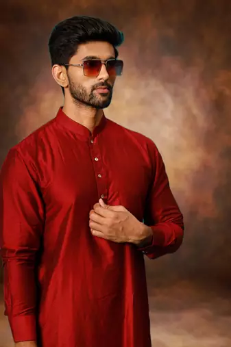 Men's art silk maroon short kurta pajama set