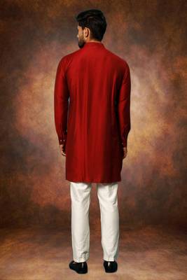 Men's art silk maroon short kurta pajama set 3