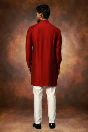 Men's art silk maroon short kurta pajama set