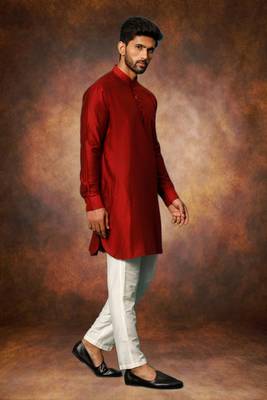 Men's art silk maroon short kurta pajama set 4