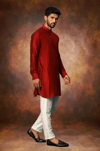 Men's art silk maroon short kurta pajama set