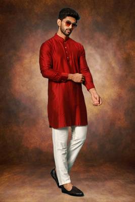 Men's art silk maroon short kurta pajama set 5