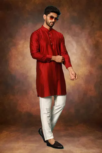Men's art silk maroon short kurta pajama set