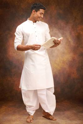 Men's cotton blend white dhoti kurta set 1