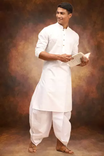 Men's cotton blend white dhoti kurta set