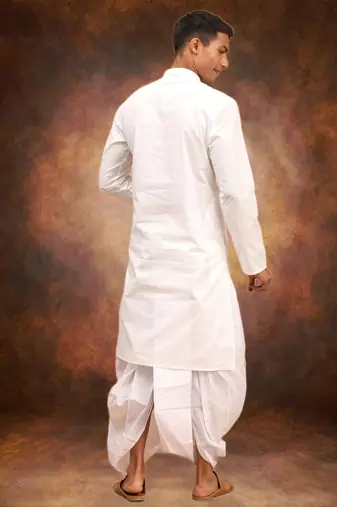 Men's cotton blend white dhoti kurta set
