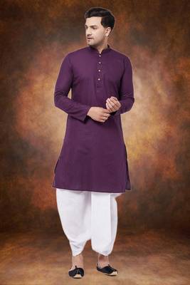 Men's cotton blend purple dhoti kurta set 1