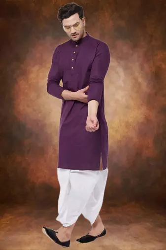 Men's cotton blend purple dhoti kurta set