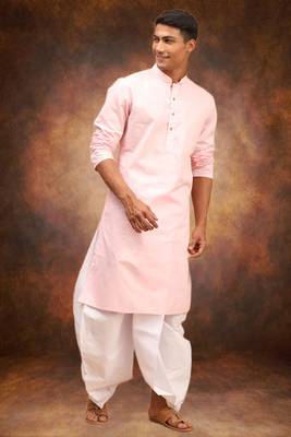 Men's cotton blend pink dhoti kurta set 1