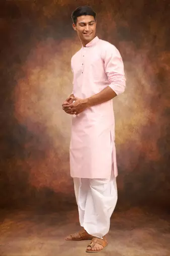 Men's cotton blend pink dhoti kurta set