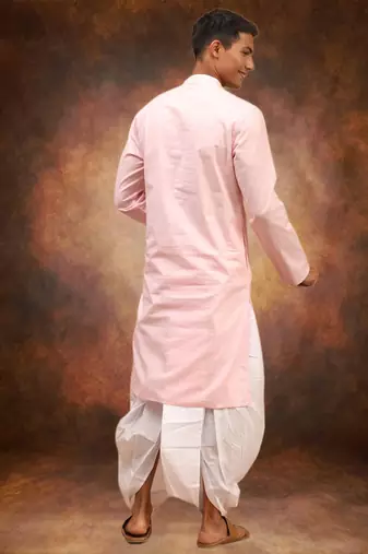 Men's cotton blend pink dhoti kurta set