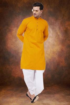 Men's cotton blend yellow dhoti kurta set 1