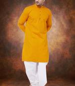 Men's cotton blend yellow dhoti kurta set