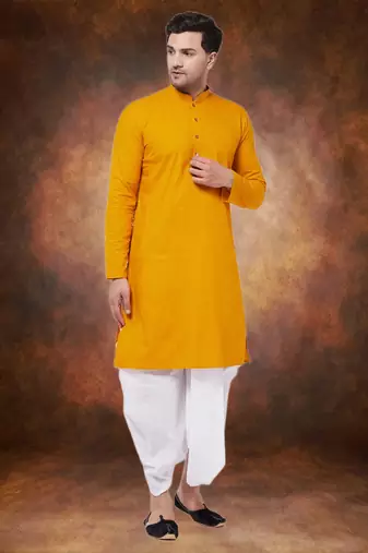 Men's cotton blend yellow dhoti kurta set