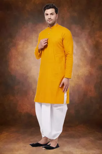 Men's cotton blend yellow dhoti kurta set