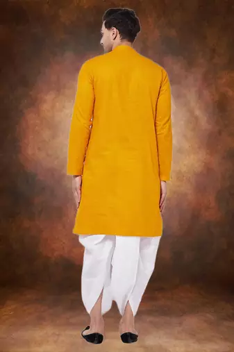 Men's cotton blend yellow dhoti kurta set