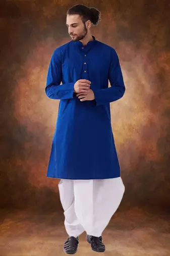 Men's cotton blend blue dhoti kurta set