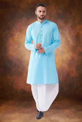 Men's cotton blend sky blue dhoti kurta set 1